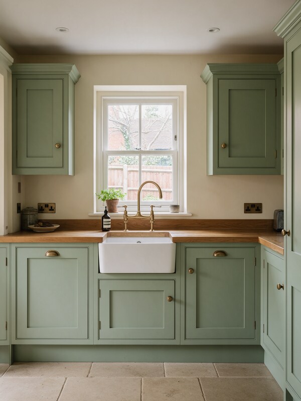 Sage green painted Shaker kitchen with oak worktop and Belfast sink in Billericay