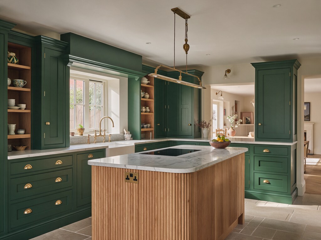Bespoke forest green kitchen with fluted oak island in Hutton
