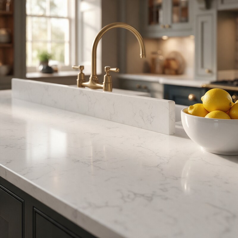 Close-up of a white quartz worktop with grey veining and brass tap