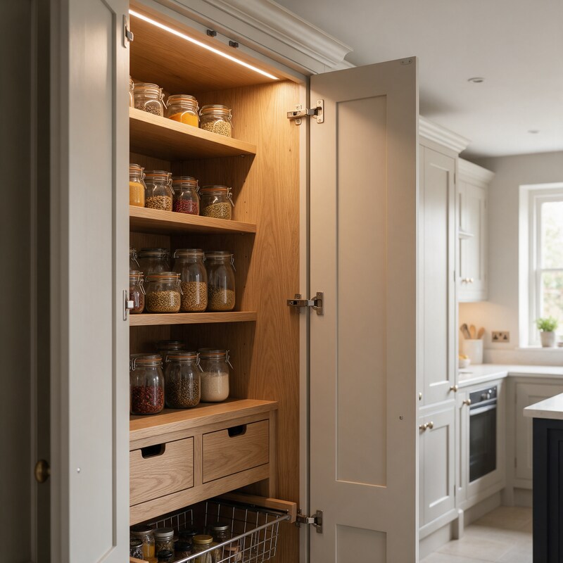 Open walk-in larder with oak shelves and pull-out baskets