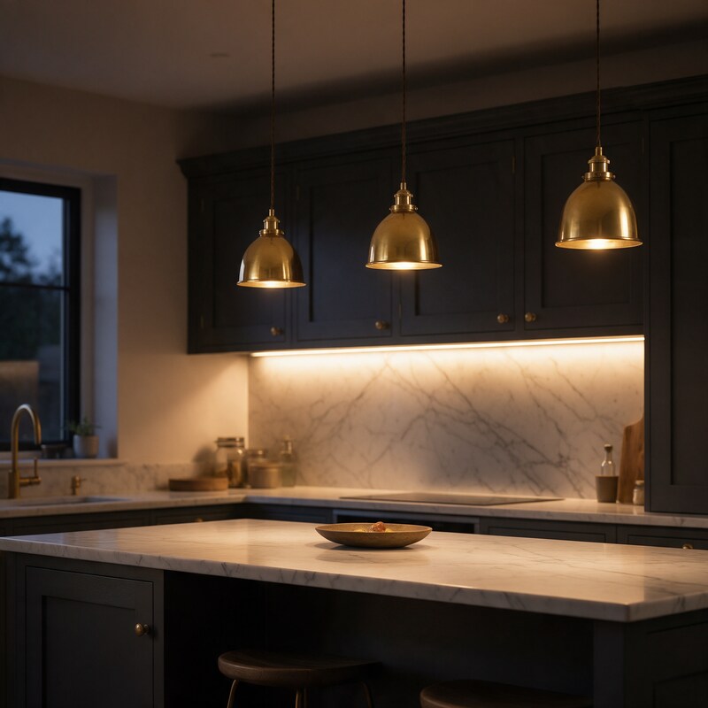 Under-cabinet LED lighting and brass pendants at dusk