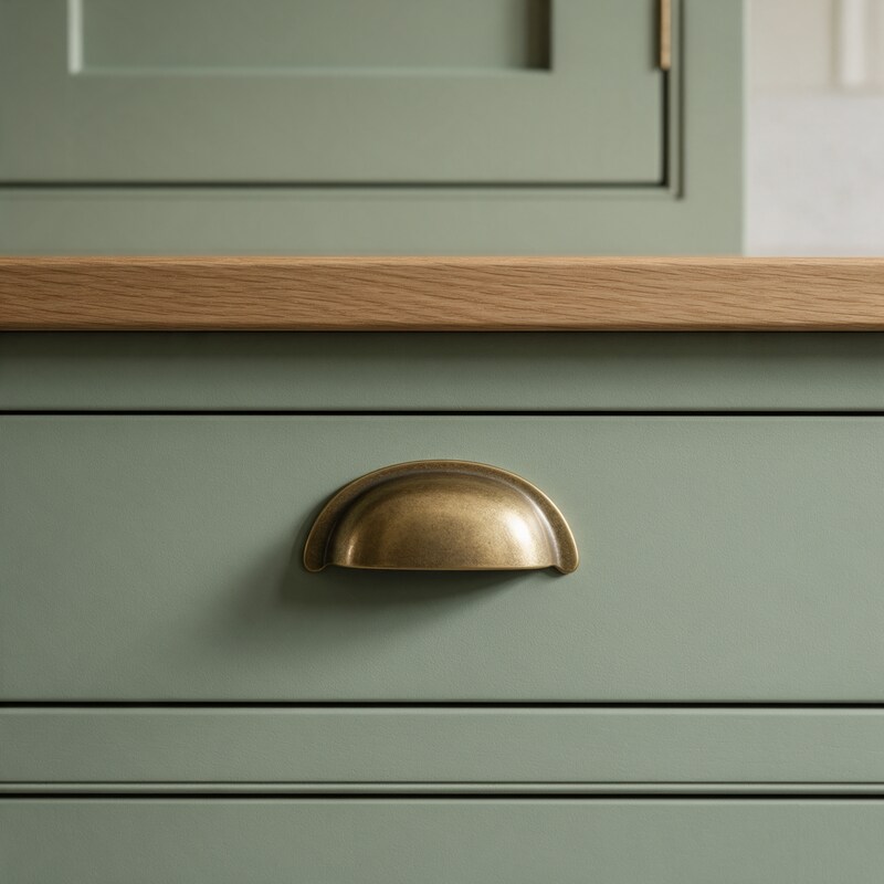 Aged brass cup handle on a sage green Shaker drawer