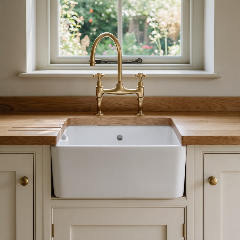 White Belfast sink in an oak worktop with brass bridge tap