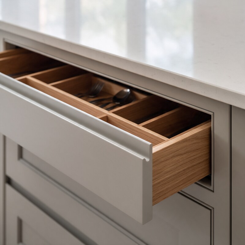 Handleless drawer front with integrated grip rail and oak cutlery insert