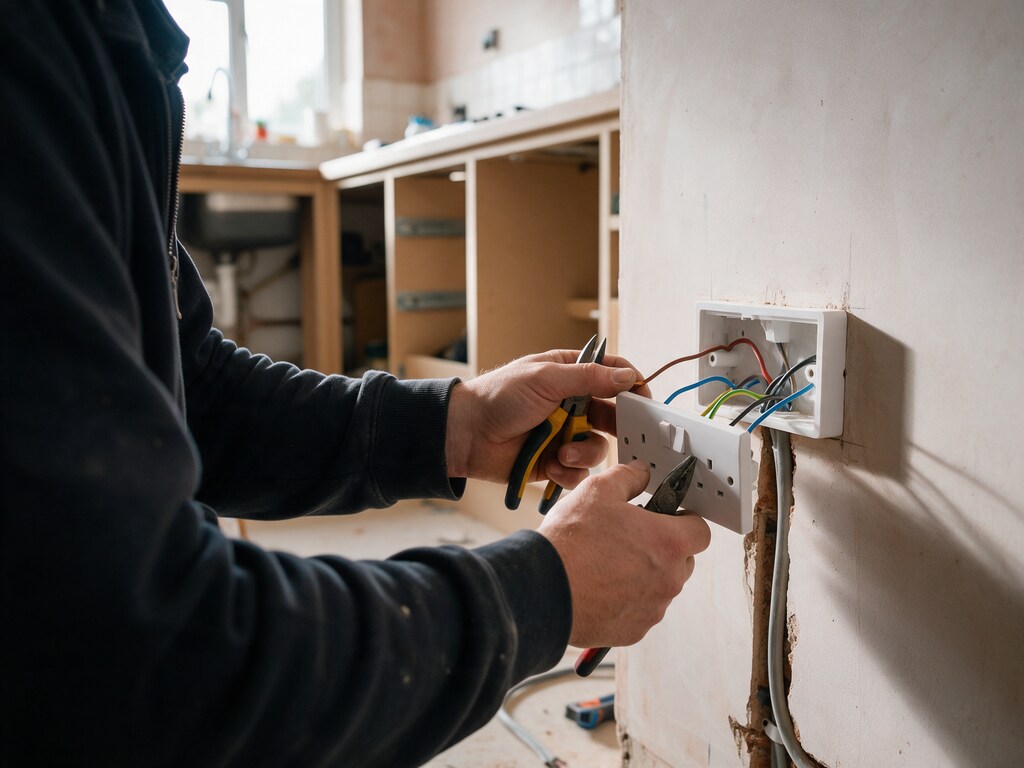 Electrician wiring a new socket in a kitchen under renovation