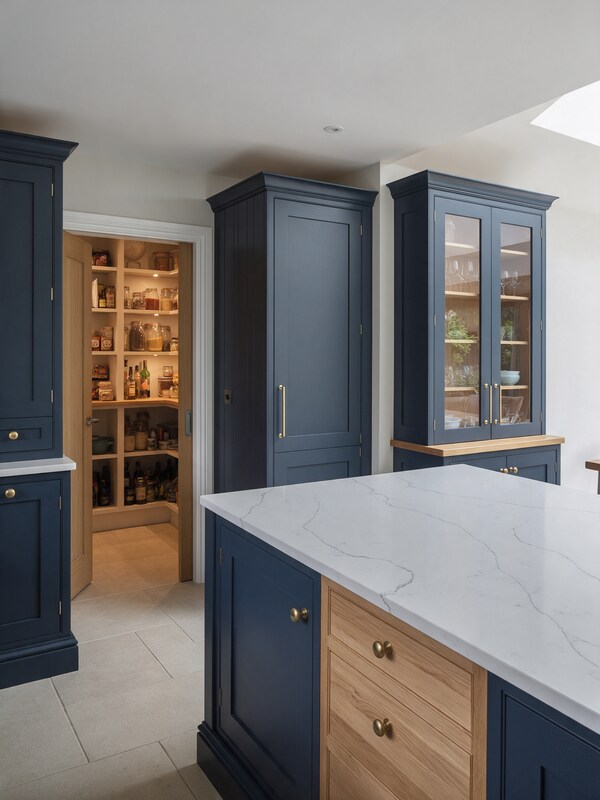 Bespoke navy and oak kitchen with walk-in pantry in Shenfield