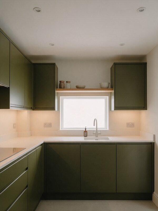 Modern matt olive green kitchen with white quartz worktop in a Chelmsford home